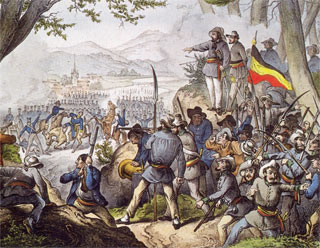 Bild: Kolorierte Lithographie von 1848, die den Tod des Generals Friedrich von Gagern im Gefecht an der Scheideck bei Kandern am 20. April 1848 darstellt.