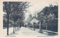 Bild: Die Waldstraße (heute Altdorfer Straße) um 1910. Hier befand sich der Eingang zur ”Haupt-Kadetten-Anstalt“. In der Mitte des Bildes die 52,50 Meter hohe Kuppel über der Kirche im Direktionsgebäude.