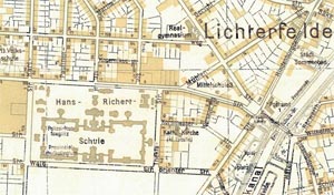 Bild: Auszug eines Stadtplans von Berlin aus dem Jahr 1932. Die Stabila wurde 1929 zu Ehren des Schuldirektors in "Hans-Richert-Schule" umbenannt. Die heutige Finckensteinallee hieß damals Zehlendorfer Straße.