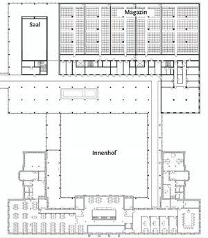 Picture: Floor plan of the first floor level of the new repository (at the top) and the service center (at the bottom).