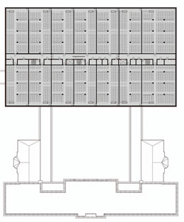 Picture: Floor plan of the upper floors of the new repository (at the top) with the large stack rooms in which the archival material is stored in compact shelving. Running through the middle is a central hallway with connections to the elevators and stairs.